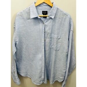 Nicole Miller New York Linen Button Down Shirt Light Blue Oversized Long Sleeve